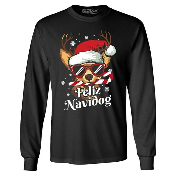 Shop4Ever Men's Feliz Navidog Navidad Dog Santa Chihuahua Long Sleeve Shirt 3XL Black