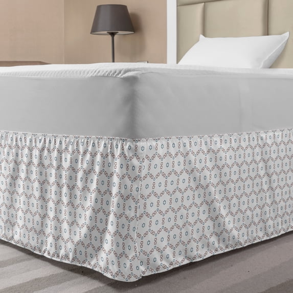Abstract Bed Skirt, Rhythmic Floral Art Geometric Floral Motifs Pattern on Plain Backdrop, Elastic Bedskirt Dust Ruffle Wrap Around for Bedding Decor, 4 Sizes, White and Blue Grey, by Ambesonne