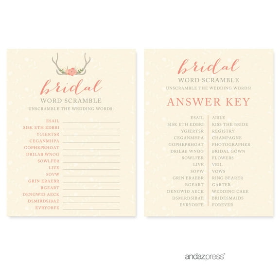 Word Scramble  Woodland Deer Wedding Bridal Shower Game Cards, 20-Pack