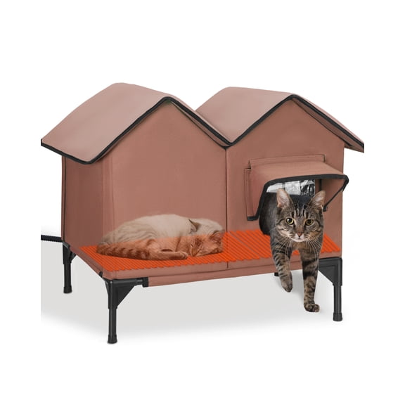 Heated Cat House for Outside Cats in Winter, Insulated Weatherproof Outdoor Cat House with Elevated Base & Escape Door for Multiple Cats (Brown)