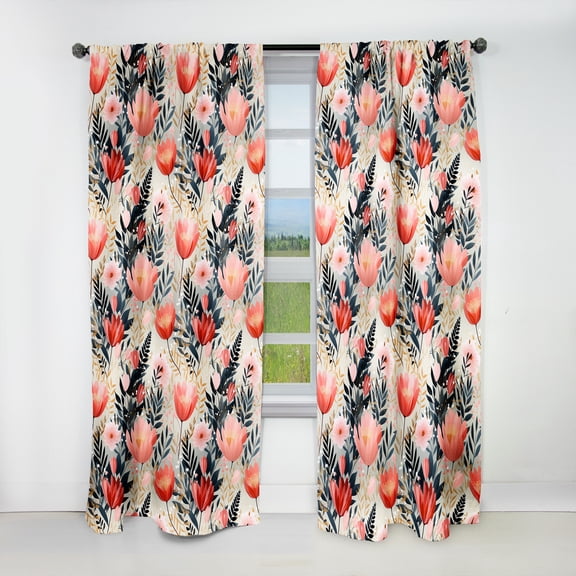 Designart "Love In The Wild Coral And Beige Flower" Floral Blackout Curtain Panels