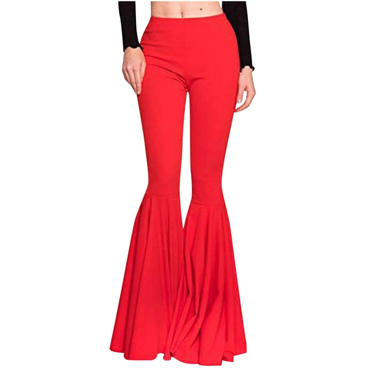 KJIUQ Mermaid Ruffle Flare Pants for Women High Waist Bell Bottoms Yoga Pants  Leggings Fashion Stretchy Fitted and Flared Pants(Red,M) 