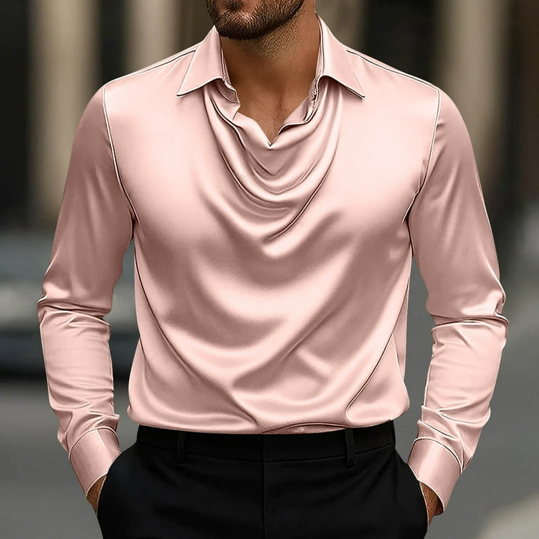 Frsasu Mens Retro Long Sleeve Lapel Shirt,Satin Shiny Dress Shirt for Men Solid Regular Fit Shirts Wedding Party Rose Gold, Men's, Size: XL