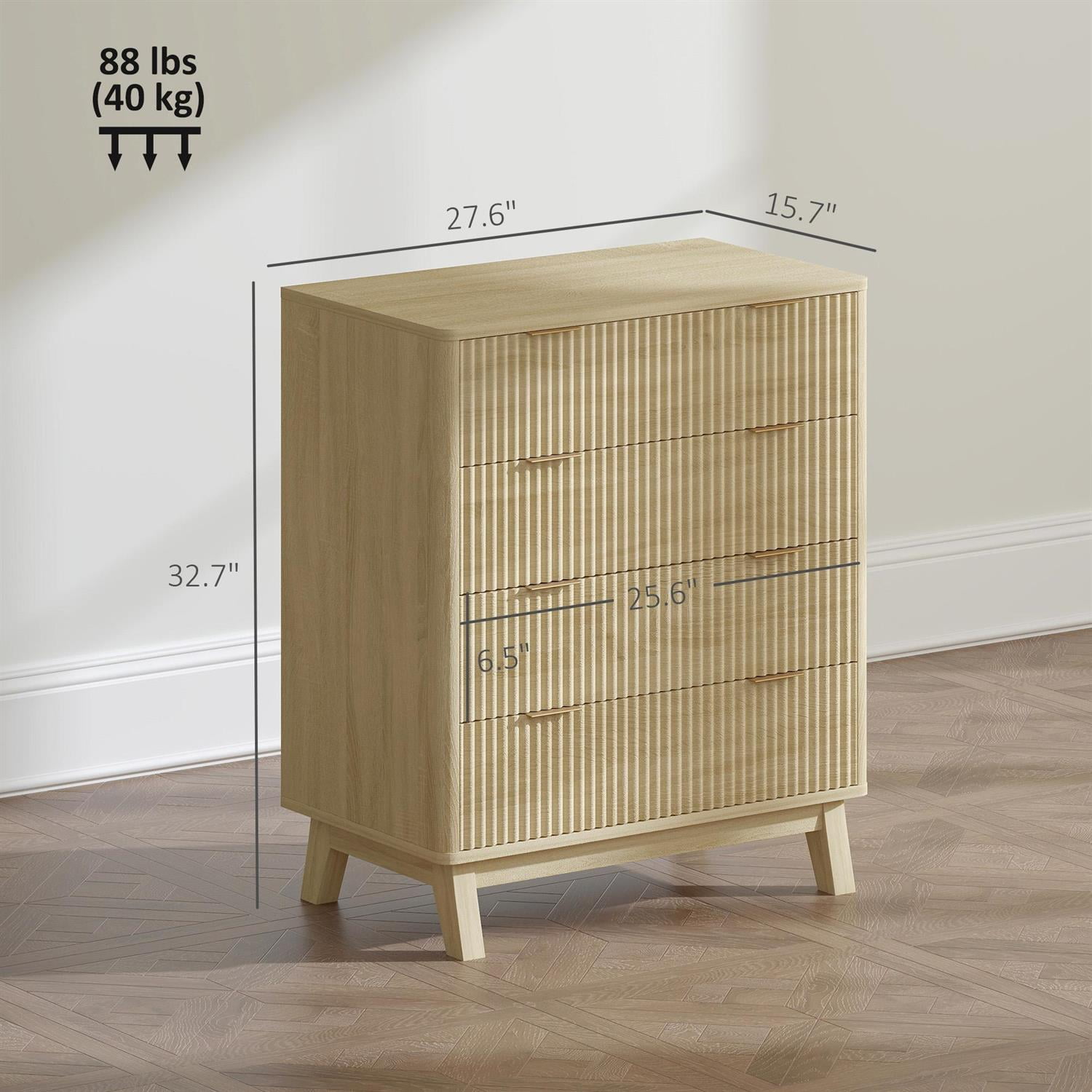 Demi Bonn 32" Wood Drawer Dresser, Fluted Design with Gold Pulls, 4-Drawer Storage for Bedrooms, Natural Finish and Wood Legs, Beige