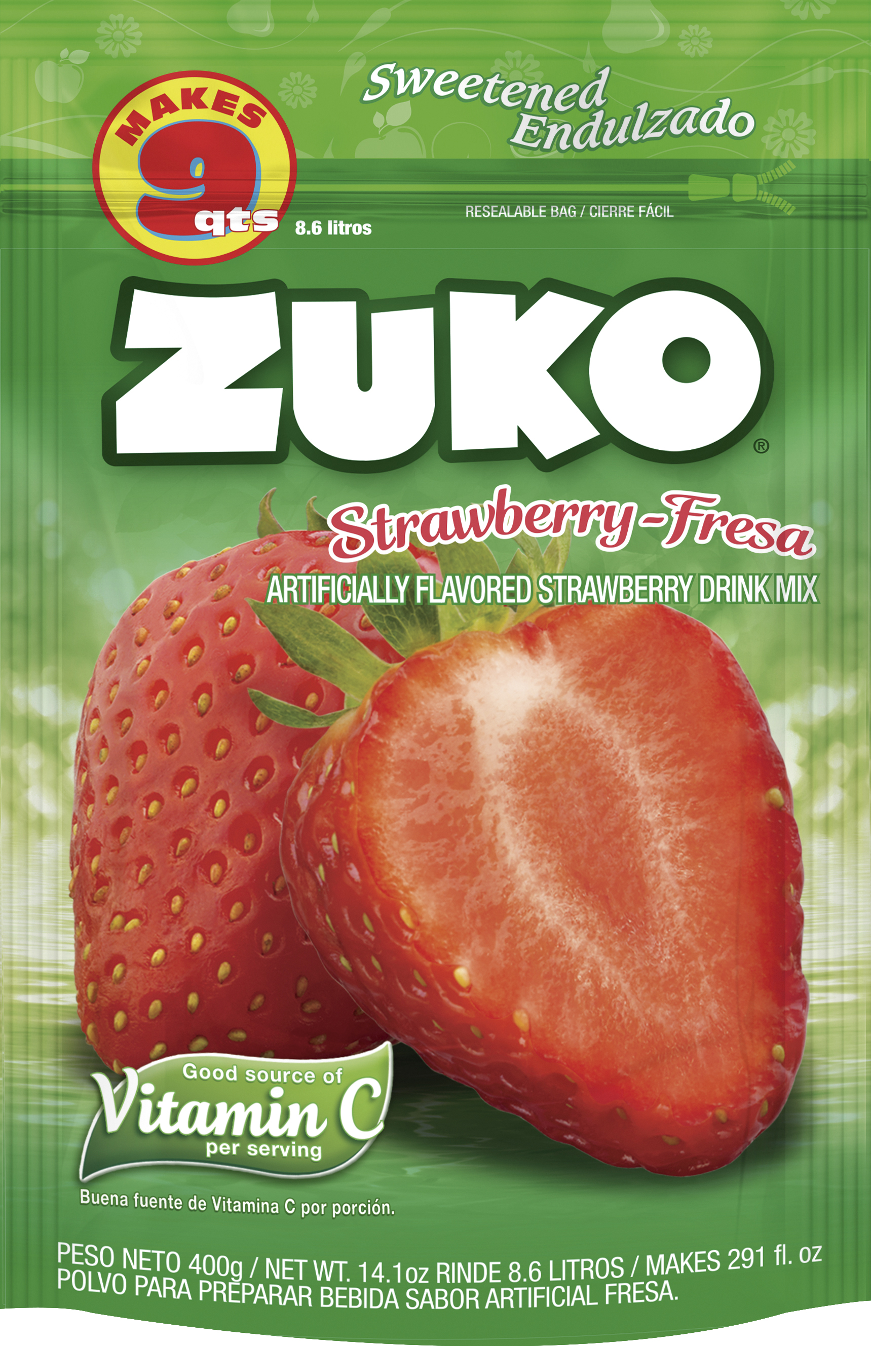 Zuko Strawberry Drink Mix Bag, 14.1 oz, Pack of 6, Fortified with Vitamin C, No Additional Sugar Needed