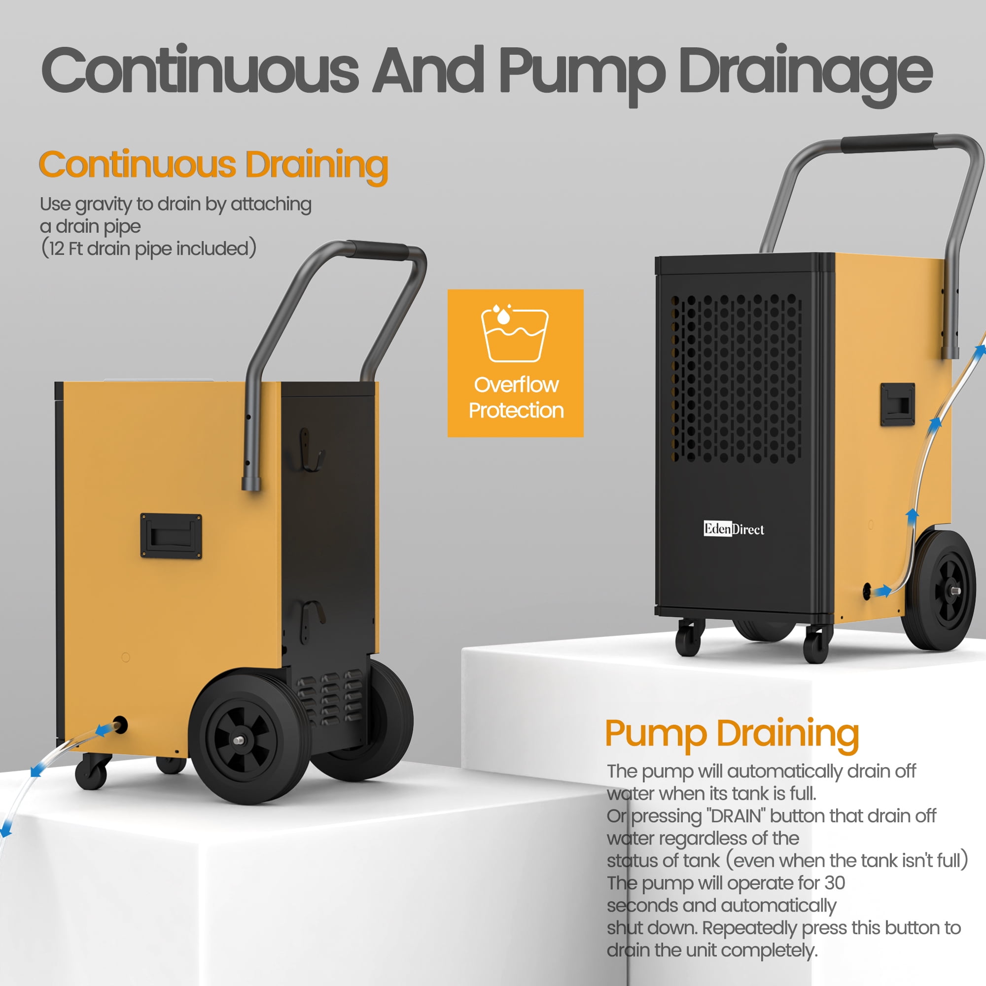 174 pt. 6,000 sq. ft. Buckless Industrial Dehumidifier with Pump, Dehumidifier for Basement in Yellow
