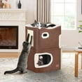 thumbnail image 6 of 2-Tier Cat House, Indoor Cat Cave Bed Playhouse, Flannel & Cool Mat, Covered Cat Beds with Scratch Pad and Hideaway Cave, Cute Modern Cat Condo Furniture for Multi Small Cats, Brown, 6 of 12