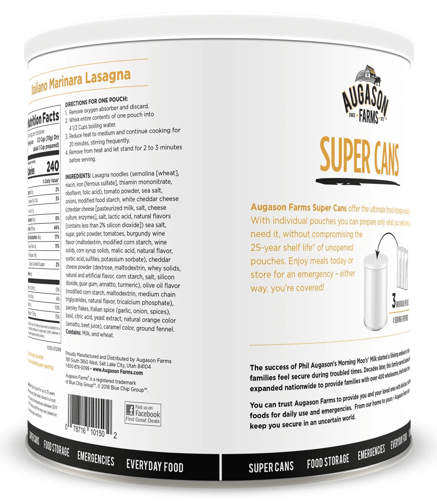 Augason Farms Italiano Marinara Lasagna SUPER CAN ( 3 Pouches )