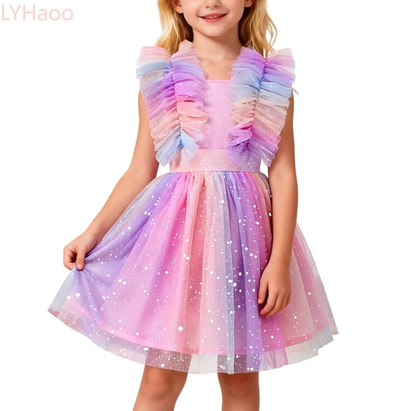 LYHaoo Toddler Girls Sleeveless Sequin Ruffles Dress Dance Party Dresses Clothes,Princess Casual Dresses Sizes 2-3 Years Pink