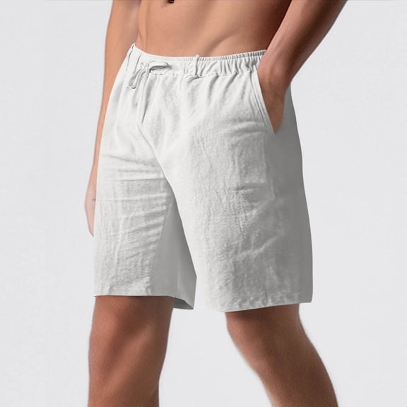 Mceream Cotton Shorts Men Drawstring Lightweight Casual Elastic Waist Summer Beach Vacation Linen Shorts with Pockets Daily Wear Outfit White M