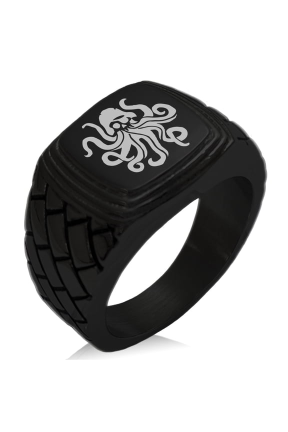 Stainless Steel Kraken Octopus Pirate Skull Geometric Pattern Step-Down Biker Style Polished Ring