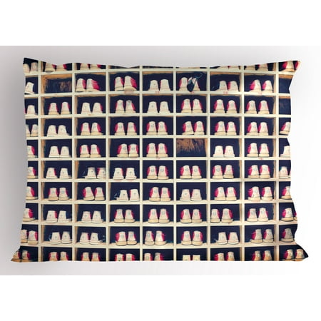 Bowling Collection - Bowling Party Pillow Sham Collection of Bowling Shoes in Their Rack Vintage Style Print, Decorative Standard Size Printed Pillowcase, 26 X 20 Inches, Pale Yellow Red Black, by Ambesonne