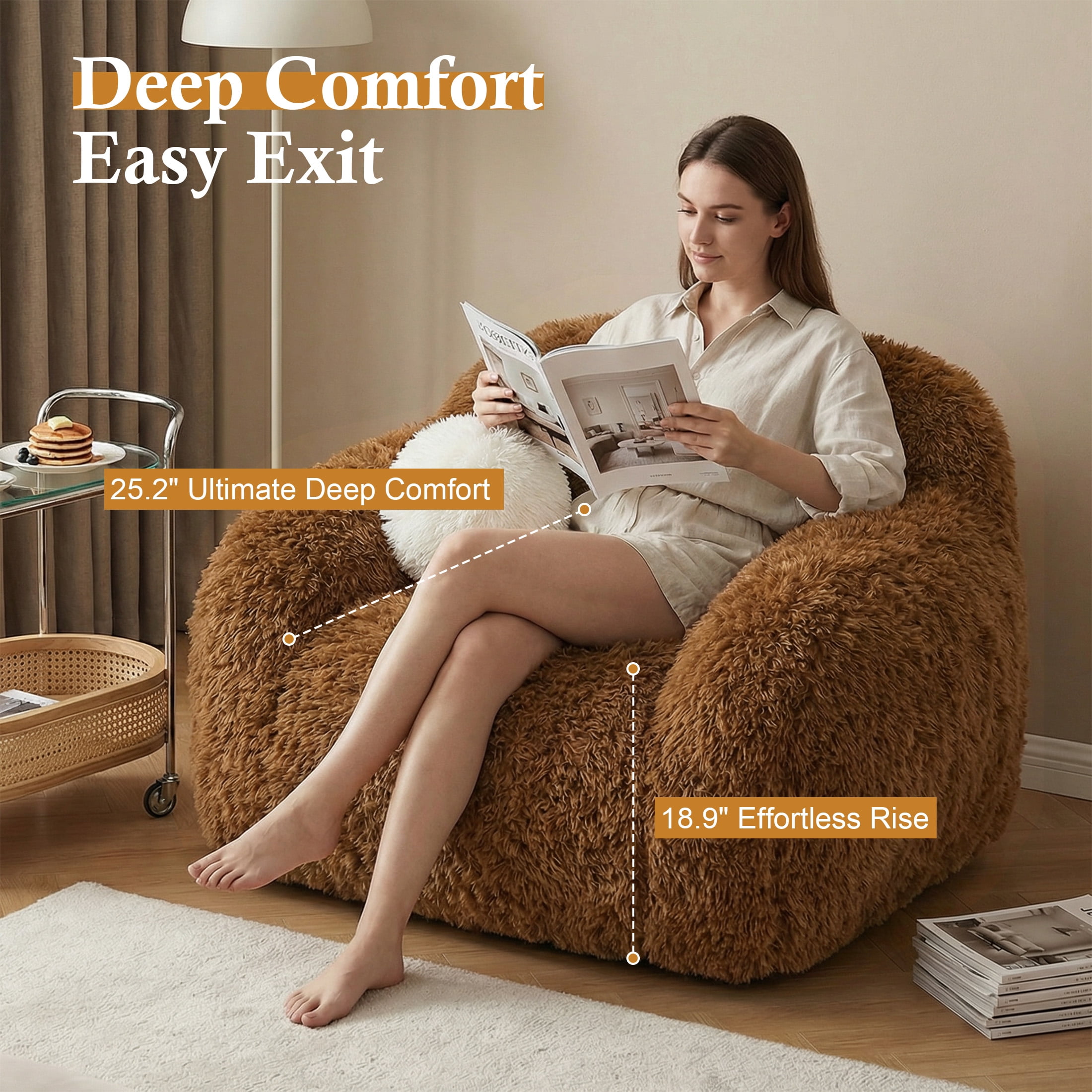 Aukfa Oversized 360° Swivel Sofa Chiar, 43.3" Plush Faux Fur Accent Chair with Ball Pillows, Brown