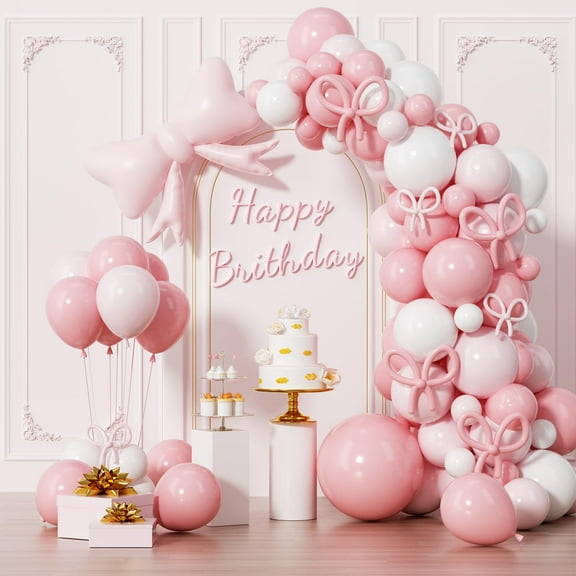 Coquette Birthday Decorations, 159Pcs Bow Pink KKS1 and White Garland Arch with Bow Foil Balloon, 18/10/5 inch, Macaron Pink Long Balloon for Bridal Shower,Baby Shower,Wedding,Birthday