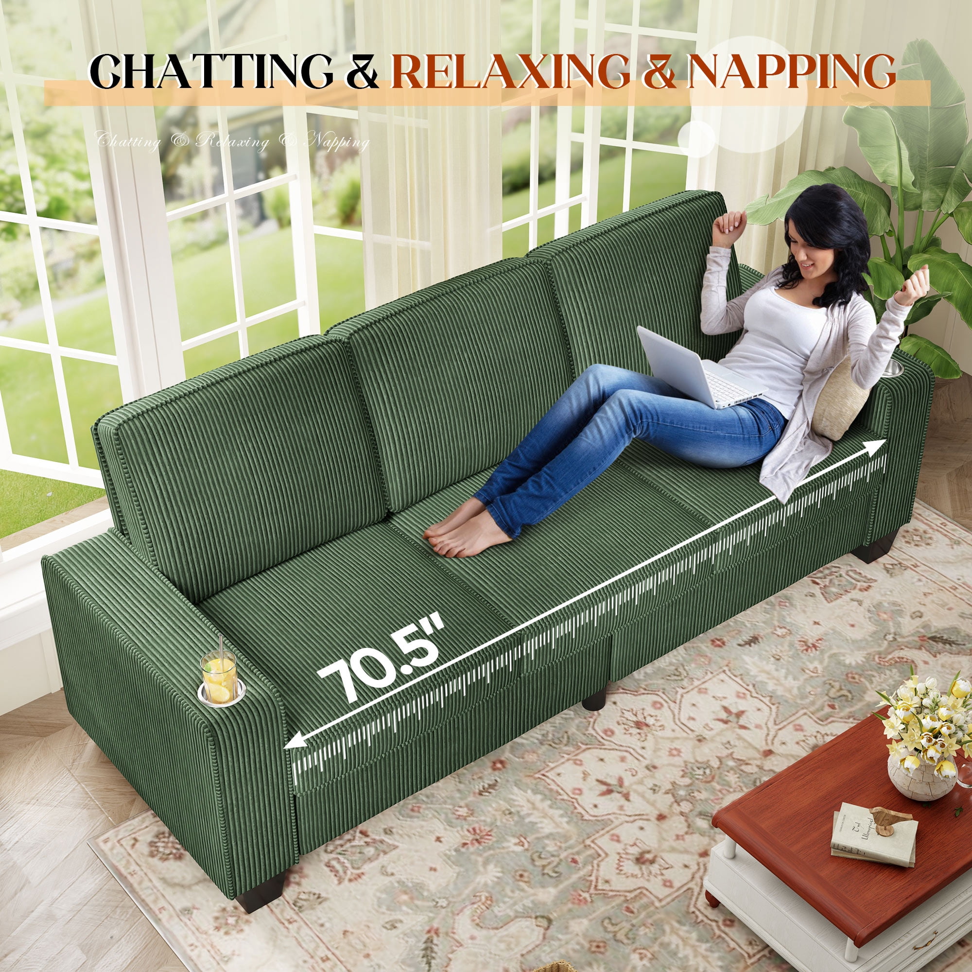 Muumblus 83.5" Living Room Sofa with Cup Holders, Cozy Plush Upholstered Couch, Corduroy Sofa 3-Seater, Green