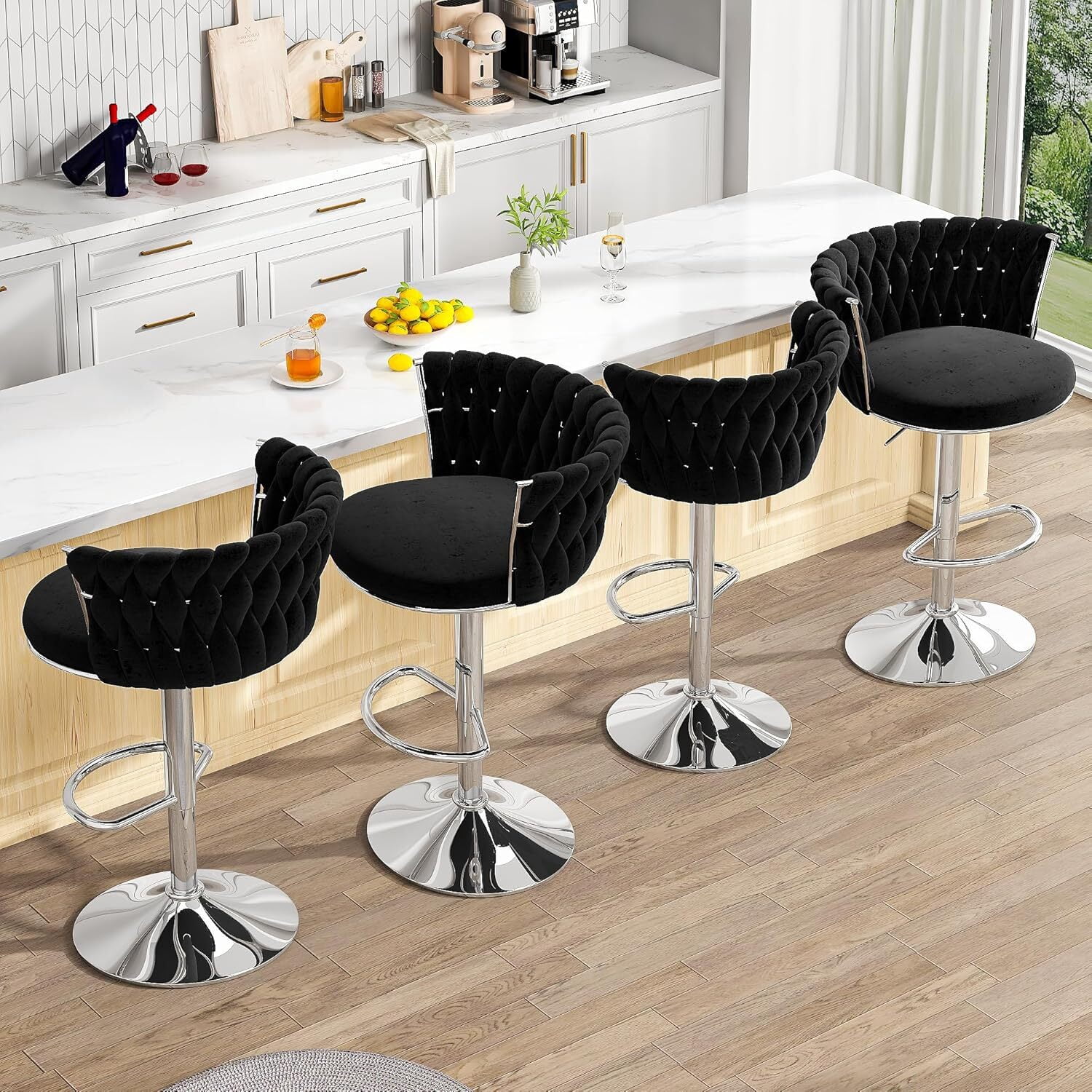 MOOSENG Velvet Swivel Bar Stools Set of 2, Adjustable Height Counter Chairs with Back & Footrest, Modern Upholstered Barstools for Kitchen Island Black