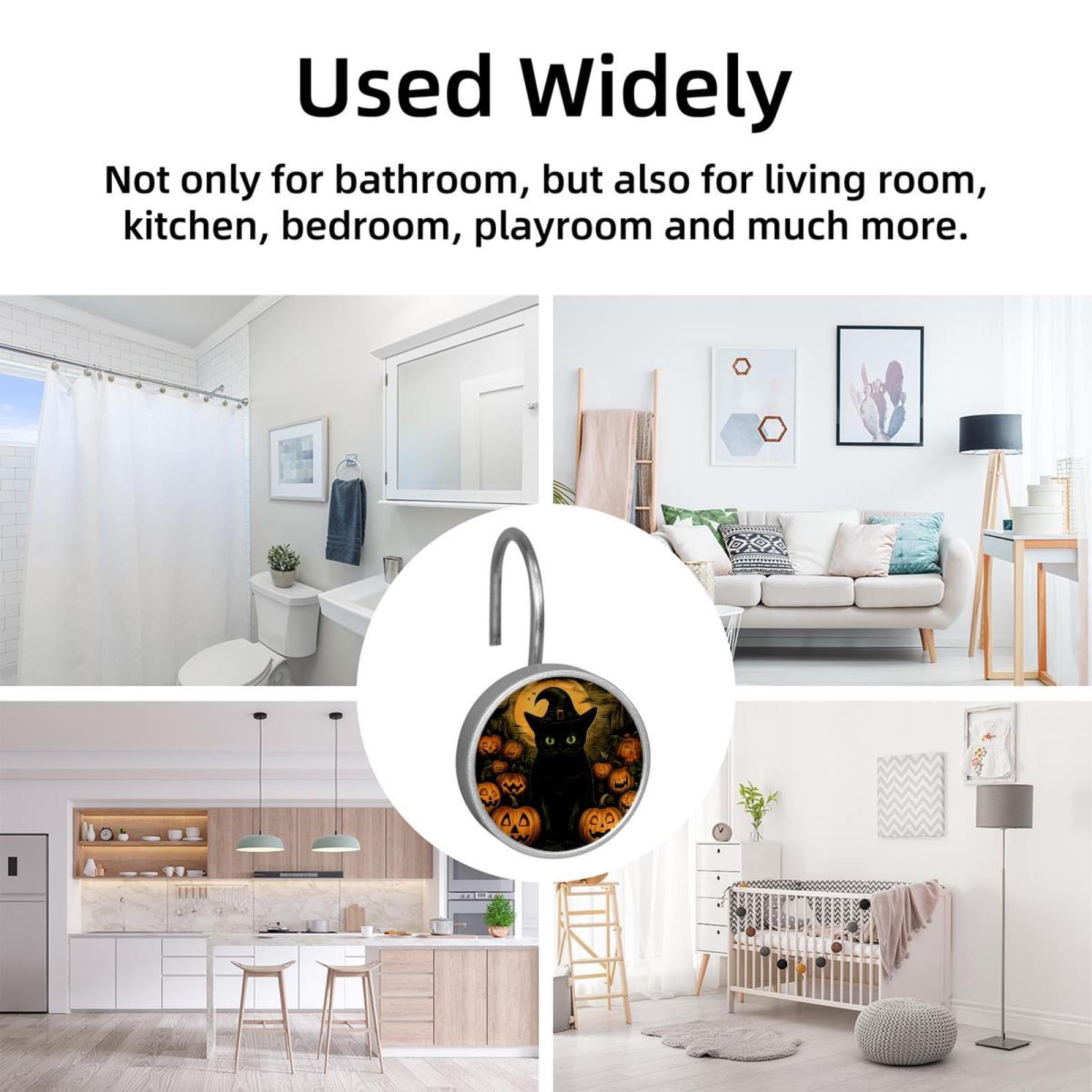 12pcs Decorative Shower Curtain Hooks, Rust Resistant Shower Rings for Bathroom Living Room,Rustproof Stainless Steel Rings for Shower Curtain and Liner Rods,Halloween Cat S