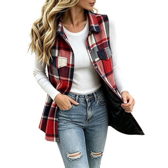 Womens Fall Plaid Midi Vests Sleeveless Stand Up Collar Button Down Fashion Casual Outerwear Multicolor 06 M