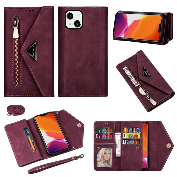 Nalacover for iPhone 14 Wallet Case,360 Protection PU Leather and Soft TPU Magnetic Flip Folding Kickstand Card Slots Zipper Pocket Shockproof Cover with Crossbody Shoulder Strap.Winered