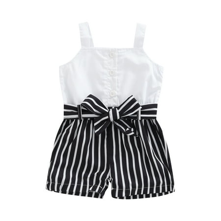 

Seyurigaoka Newborn Girls Romper with Belt Wide Shoulder Strap Front Buttons Patchwork Striped Pattern Bodysuit