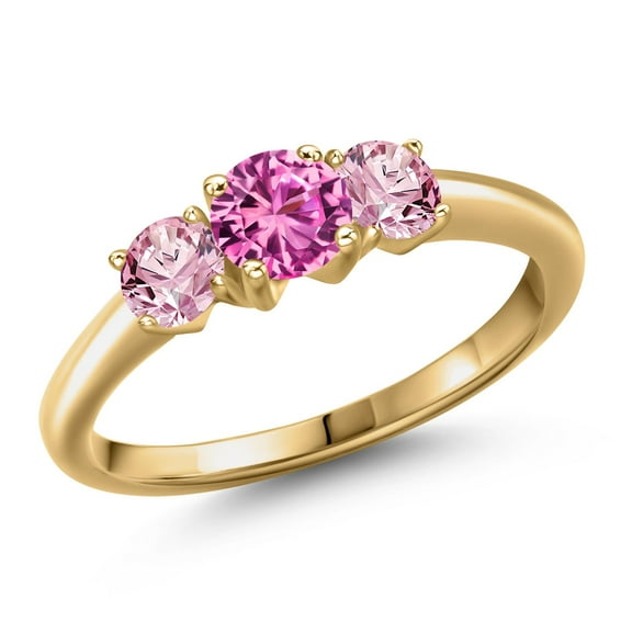 Gem Stone King 18K Yellow Gold Plated Silver Pink Created Sapphire and Pink Lab Grown Diamond Engagement Ring for Women | 1.05 Cttw | Round 5MM | Gemstone September Birthstone | Size 6