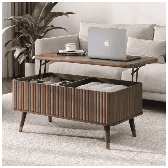 JOINICE Lift Top Coffee Table with Storage,Mid Century Modern Fluted Rectangle Center Table for Living Room,Walnut