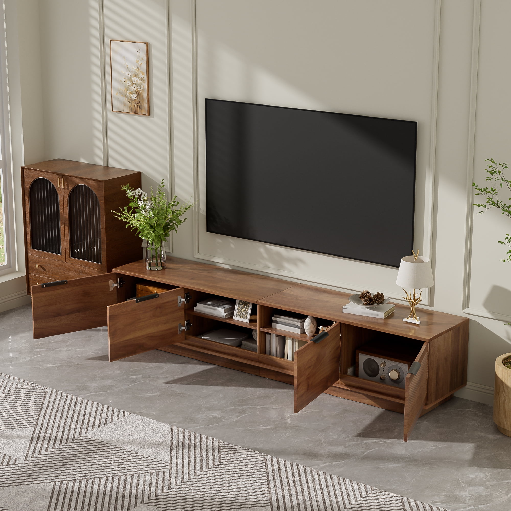 TV Stand for TVs up to 85 Inch, Entertainment Center with Slatted Doors & Cable Management, Media Console with Soft-Close Hinges for Living Room