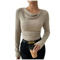 thumbnail image 2 of Fall Cowl Neck Sweater Tops for Women Long Sleeve Ruched Slim Fitting Ribbed Knit Fall Winter Trendy Shirts Khaki XXL, 2 of 9