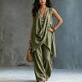 thumbnail image 4 of Women's Solid Stand Collar Sleeveless Draped Top Loose Harem Pants 2 Piece Outfit, Casual Beach Vacation Matching Set Army Green M(M), 4 of 7