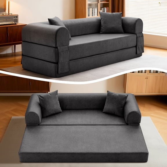 4-in-1 Folding Convertible Sofa Bed, 78 Inch Oversized Faux Leather Boneless Couch, Loveseat Sleeper with Pull Out Bed, Floor Sofa Modular Futon Teddy Sofa for Living Room Bedroom Lounge, Gray