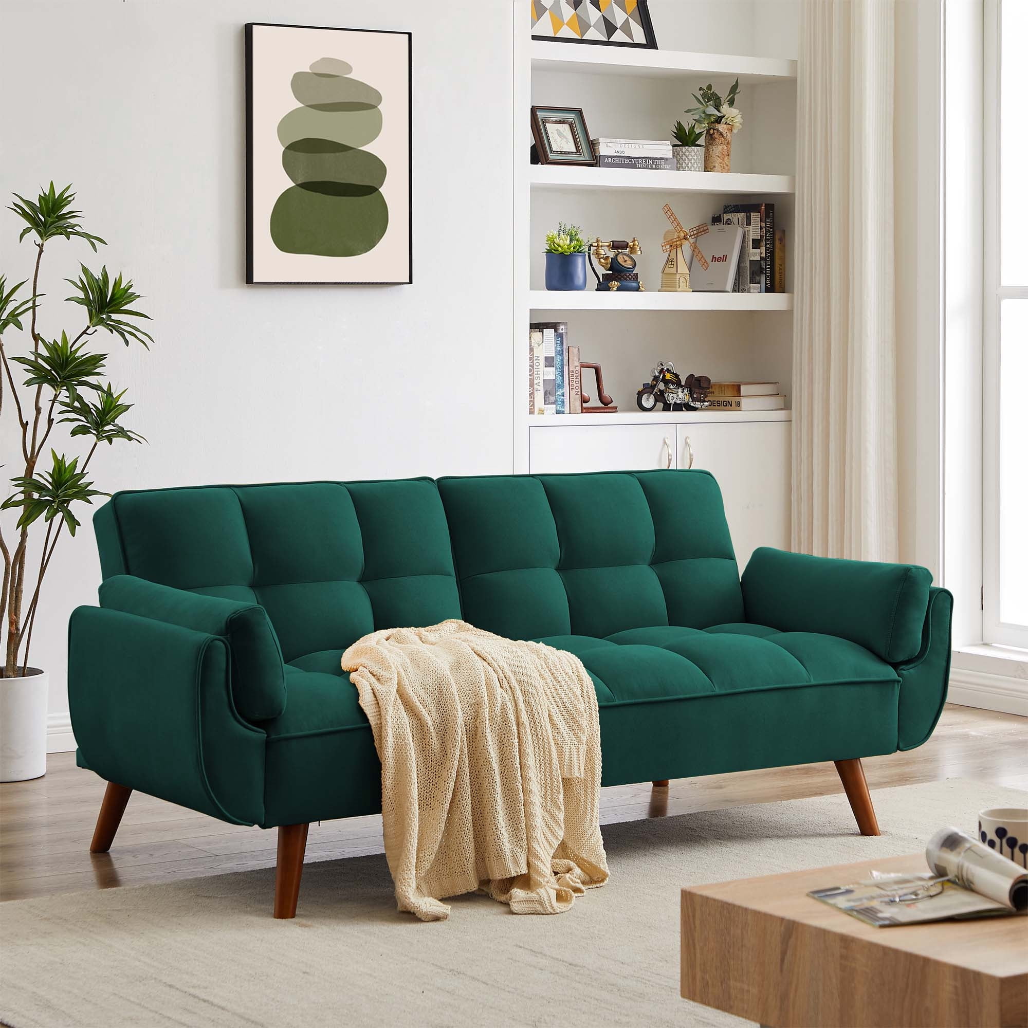 Aukfa Futon Convertible Sofa Bed, Linen Sleeper Couch for Home Office, Green