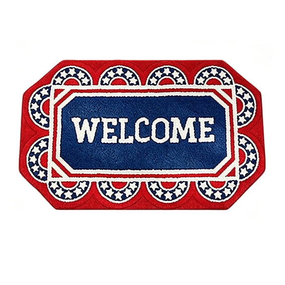Patriotic Red White Blue Welcome Doormat, Scalloped Star Border Design, Non- Floor Mat for Front Door Entryway, Indoor Outdoor Decorative Rug