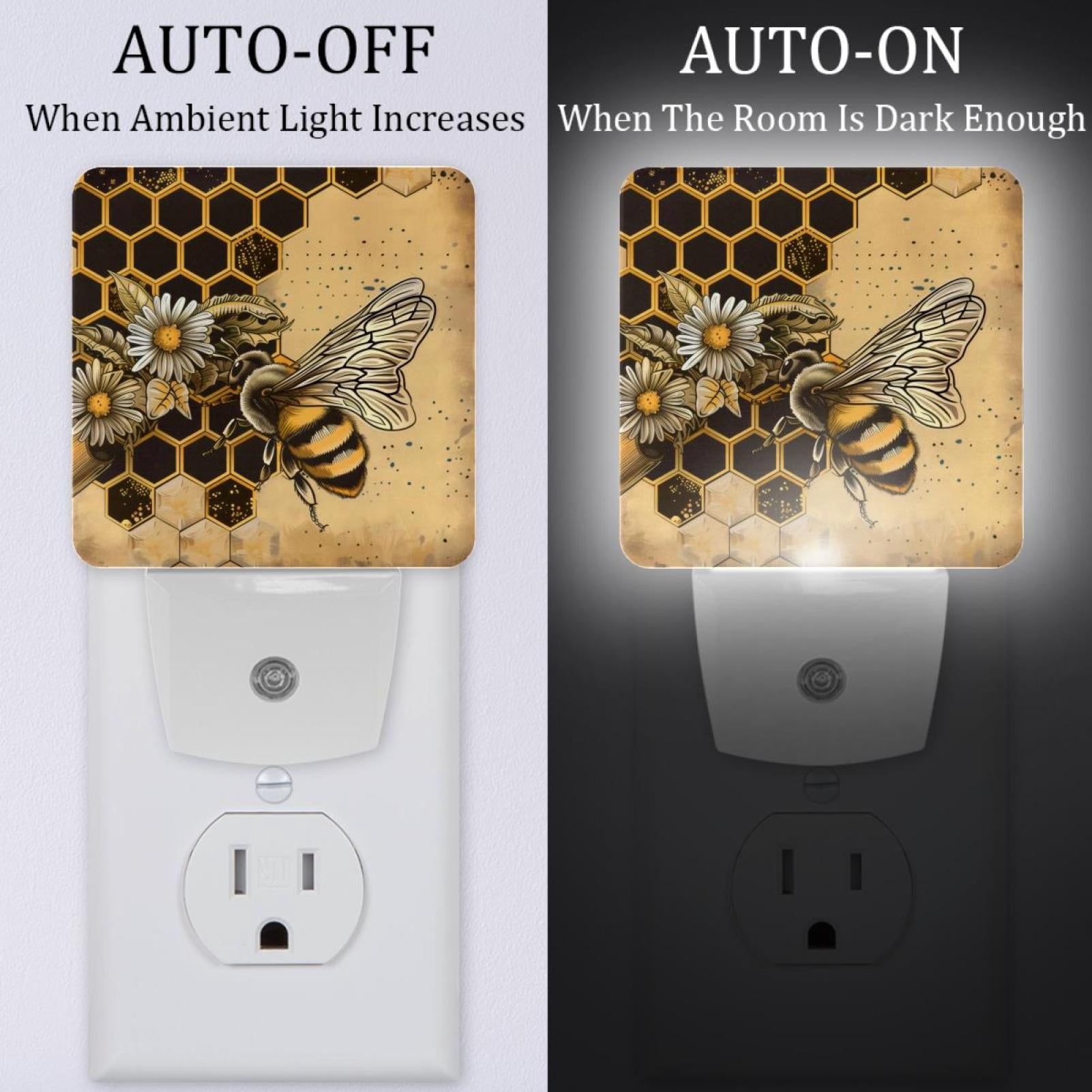 PhooArto Retro Honey Bee Daisy Plug in LED Night Light Auto Sensor Dusk to Dawn Decorative Night for Bedroom, Bathroom, Kitchen, Hallway, Stairs, Baby's Room, Energy Saving