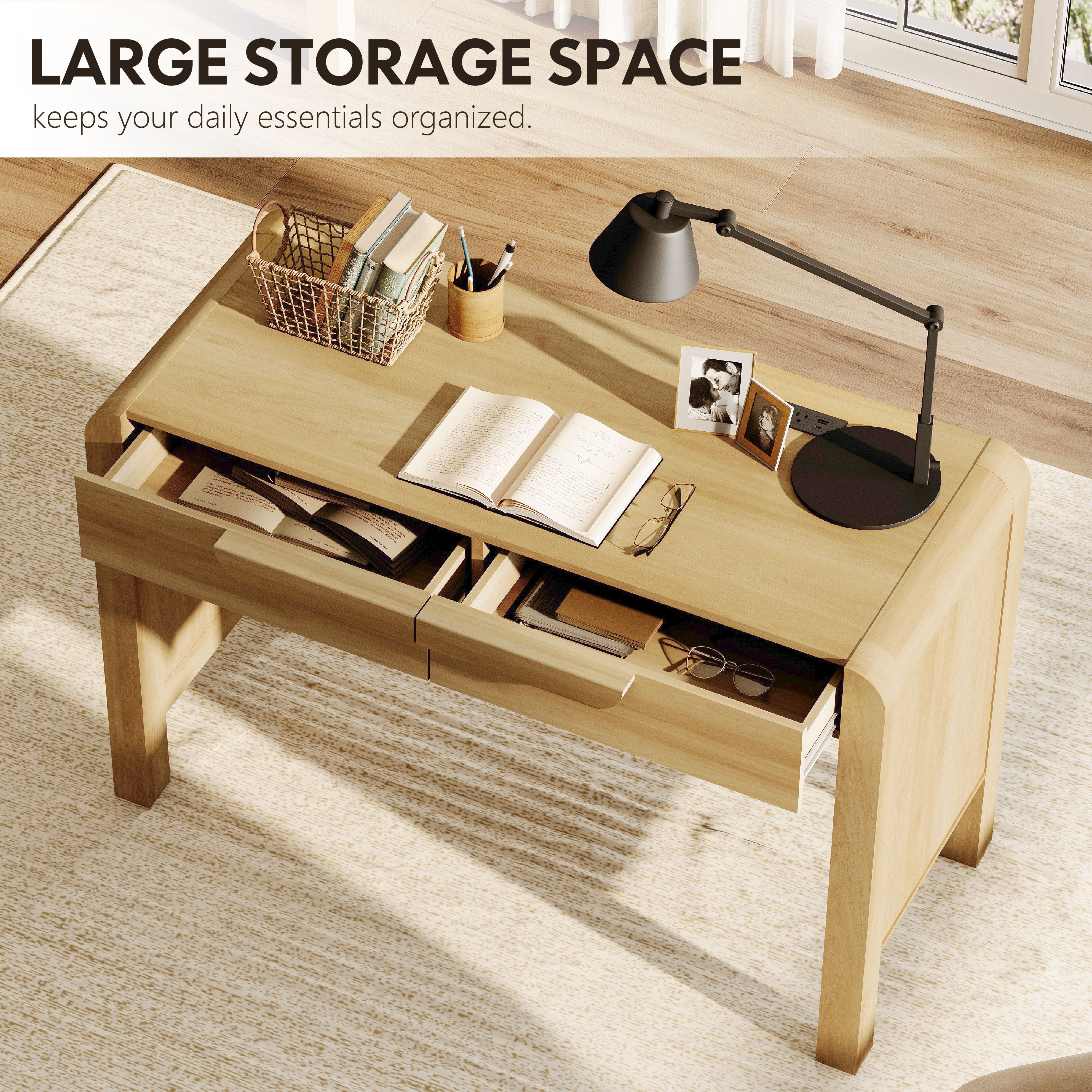 Home Office Set, 47" Modern Executive Desk with Charging Station and Drawers & 2 Piece 71"H Tall 5-Tier Arched Bookcases with Storage Cabinet for Living Room, Bedroom, Home Office