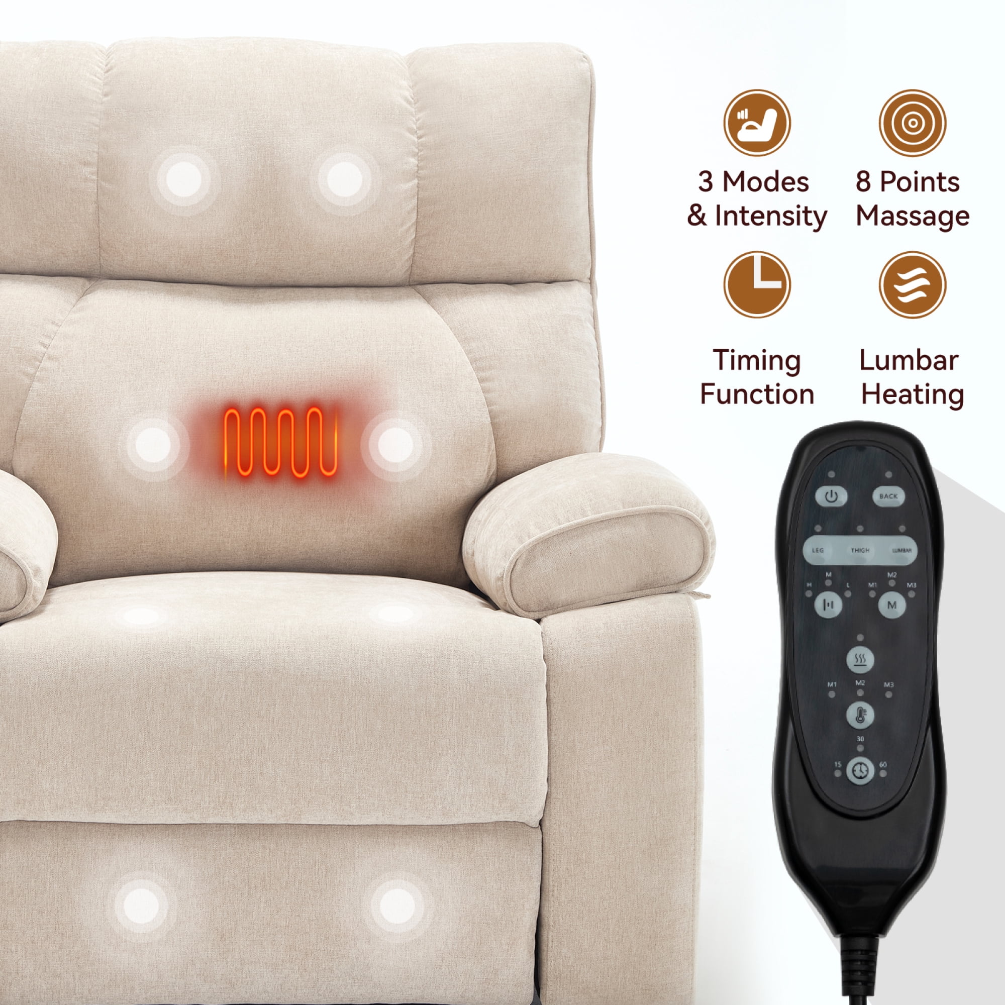 Leumius Large Electric Power Lift Recliner Chair for Elderly,23.5" Extra Wide Seat Recliners Single Sofa with Vibration Massage and Lumbar Heating,Dual Motor,Infinite Position,Beige+Chenille