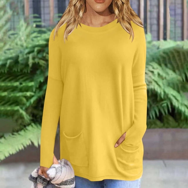 Femmes Manches Longues Tops Femme de Mode Manches Longues Tops Couleur Unie Col Rond Tops avec Poche
