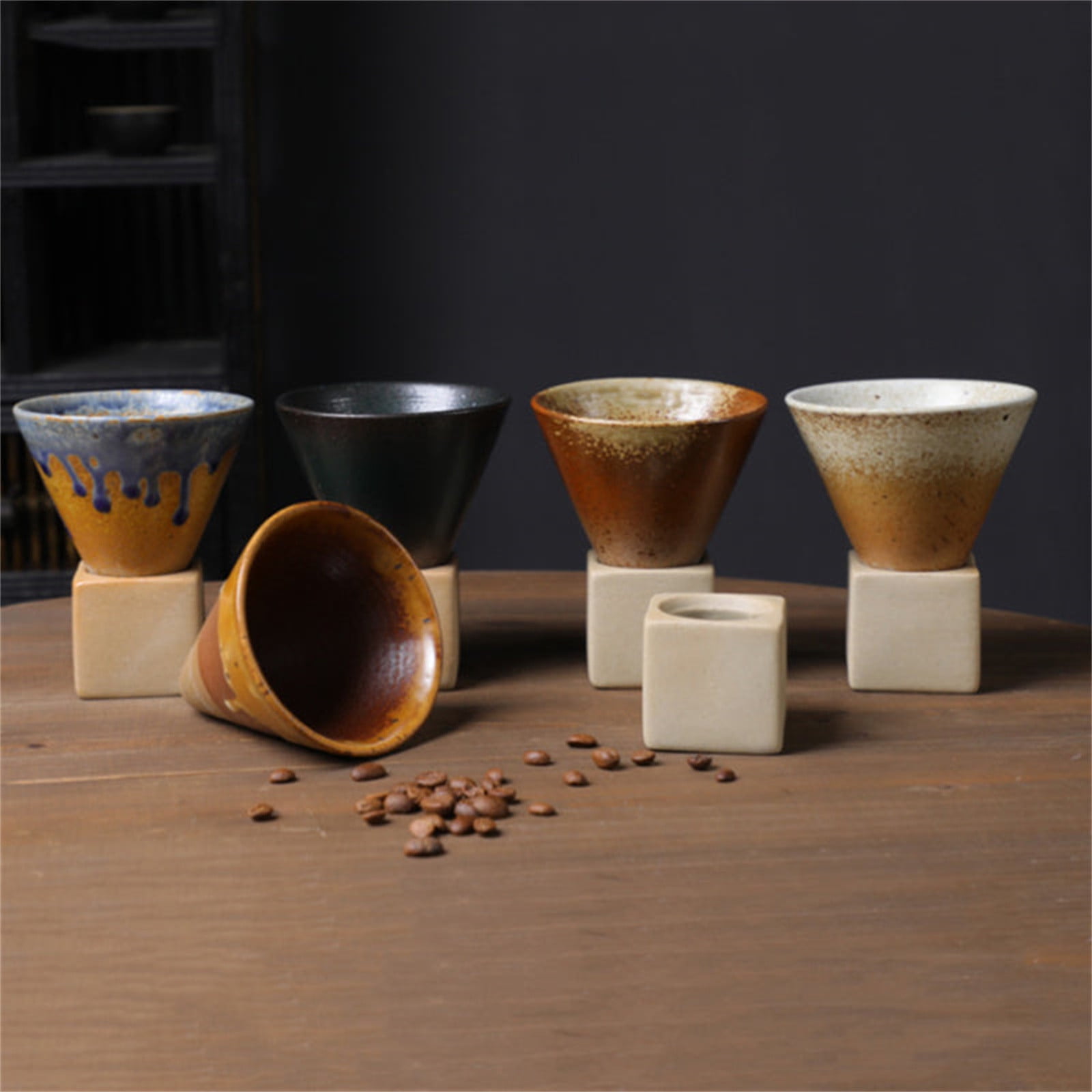 Coarse Pottery Coffee Mugs, Japanese Style Ceramic Tea Cups Triangular Cone Shape Porcelain Retro Mug with Square Base Heat Resistant Funnel Mugs Espresso Latte for Home Picnic Office