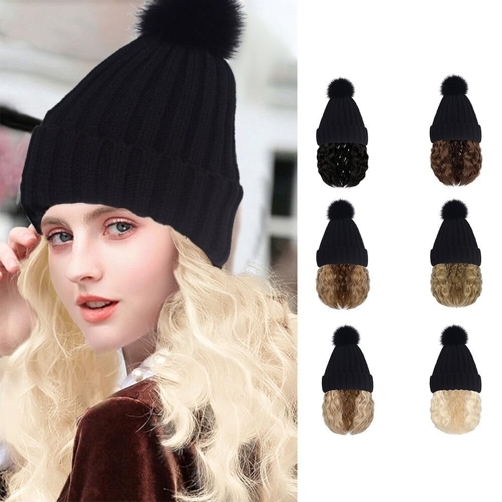 YEKEYI Beanie Wig Hair Extensions Warm Knitted Beanie Hat with Hair Wavy Hair Extension Synthetic Hairpiece for Women