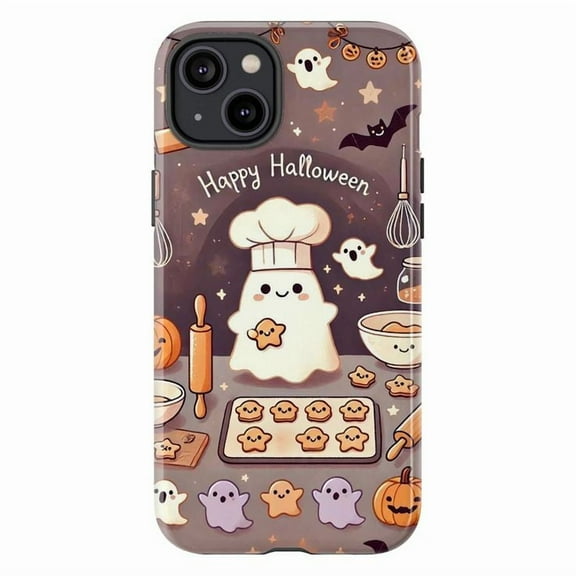 Happy Halloween Ghost Chef Phone Case for iPhone 16 15 14 13 12 11 Pro Max Mini Plus – Cute Baking Ghost, Pumpkin, and Bat Design