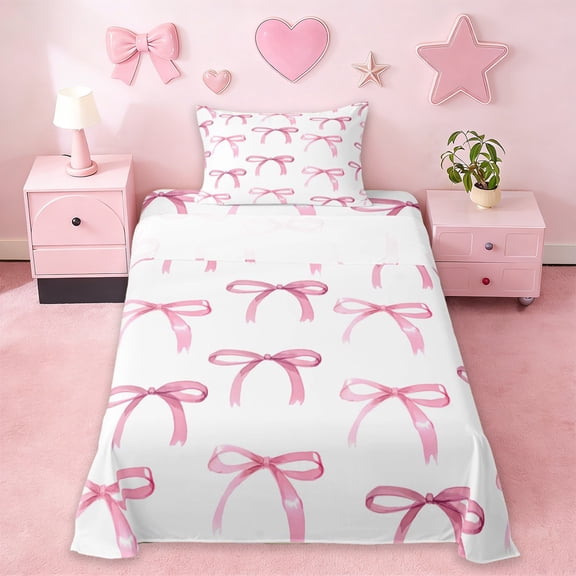 Erosebridal Pink Bow Kids Twin Sheet Sets,Cute Ribbon Bowtie Print Bedding For Girls 3-Piece