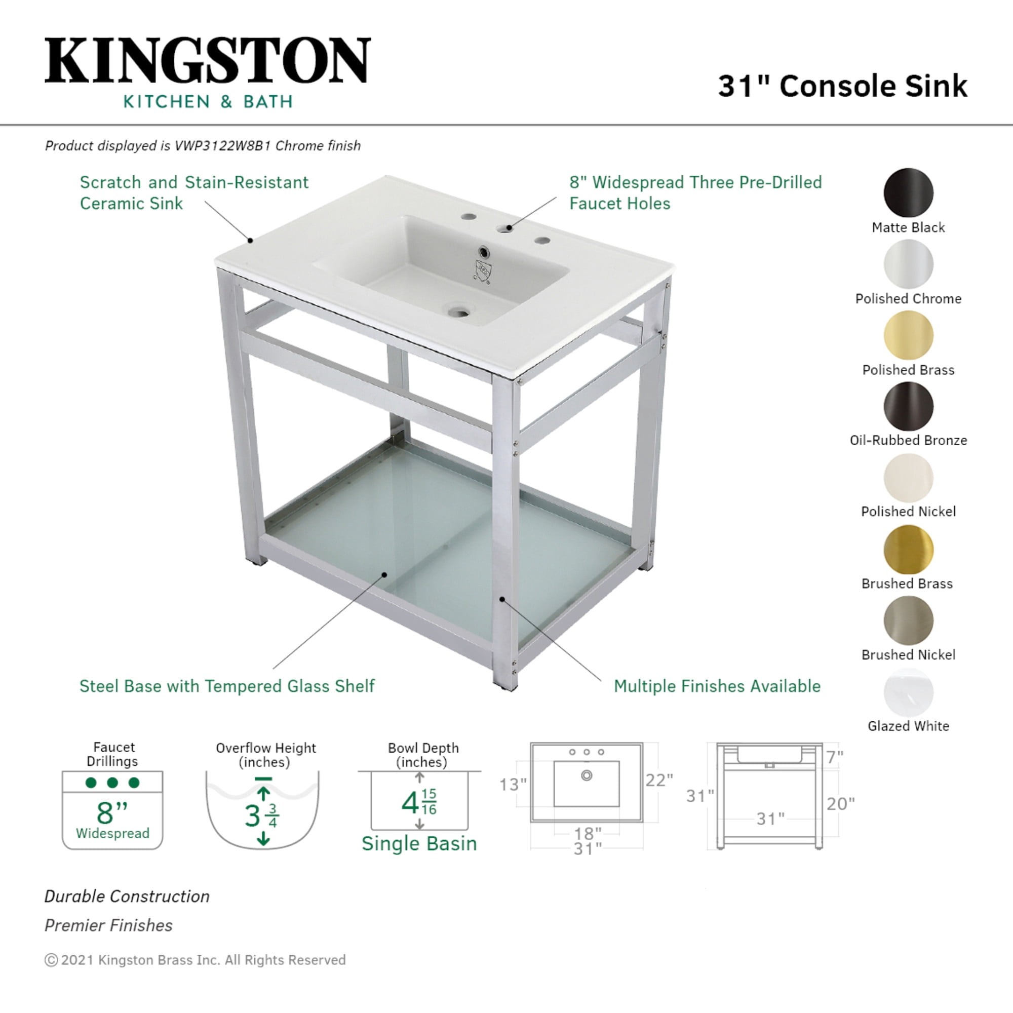Kingston Brass VWP3122W8B7 Quadras 31" Ceramic Console Sink with Steel Base and Glass Shelf (8-Inch, 3-Hole), White/Brushed Brass