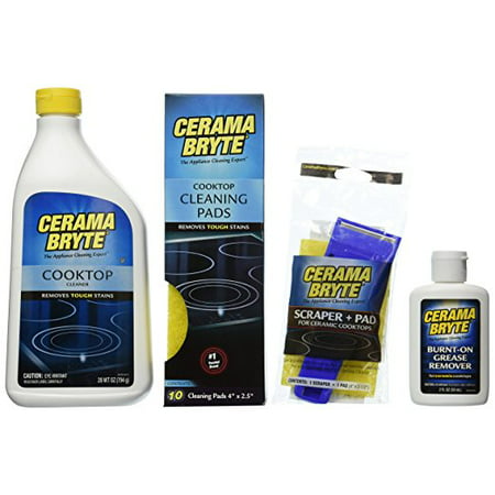 Cerama Bryte Best Value Kit: Ceramic Cooktop Cleaner 28oz, Scraper, 10 Pads, Burnt-on Grease Remover (Best Cherry Pit Remover)