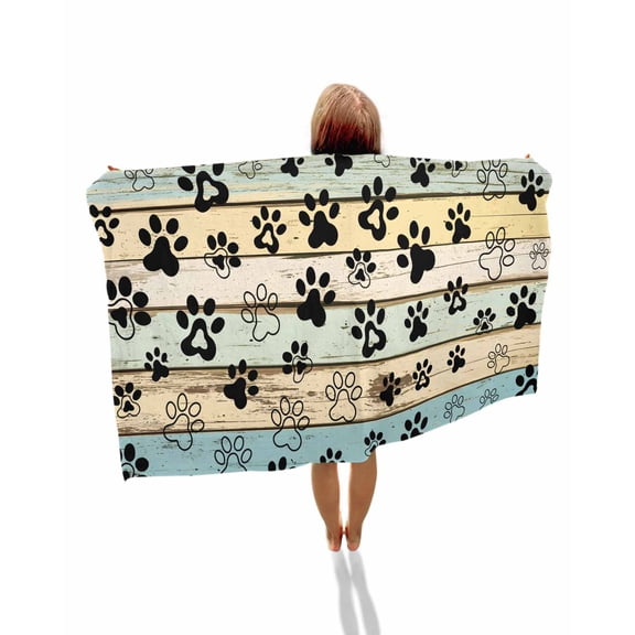 Teal Brown Paw Prints Beach Towels Oversized Super Absorbent, Vintage Farmhouse Wooden Grain Lightweight Bath Towel Quick Dry Sets For Bathroom/Pool/Rv Camping/Beach Play/Gym Room/Picnic 23"x47"