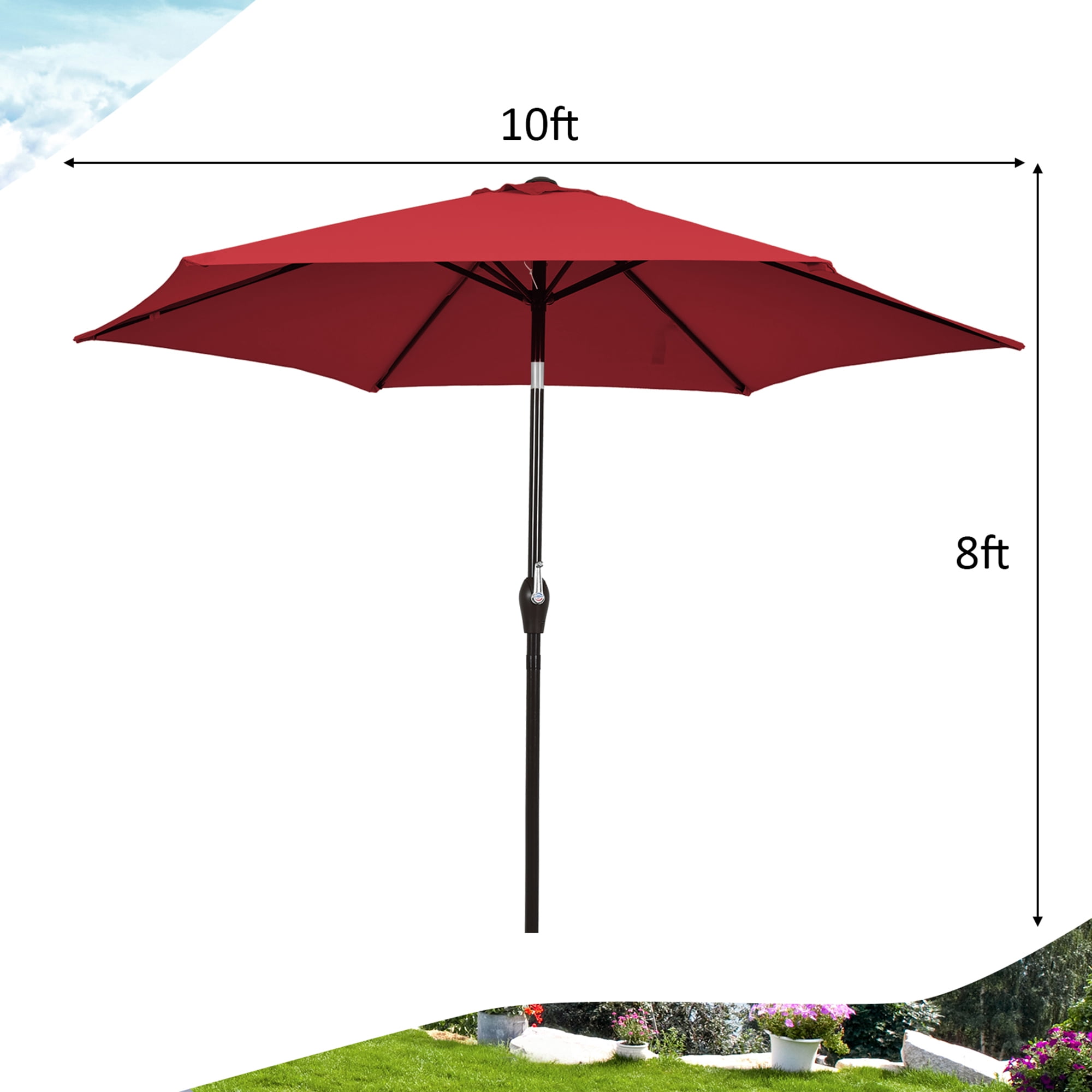 Gymax 10 ft Patio Umbrella Market Table Umbrella Yard Outdoor w/ 6 Ribs Burgundy