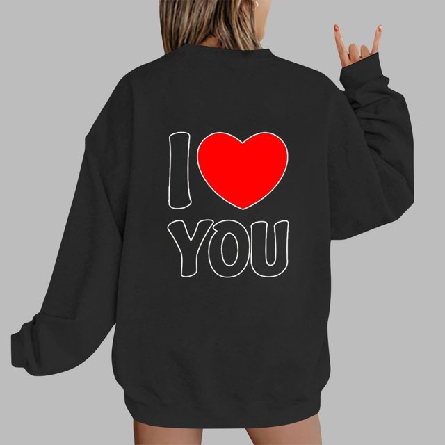Jsaierl Sweatshirts à Manches Longues pour Femmes Saint-Valentin Mignons Cœur Graphique Tops Imprimé Lettre Pullovers Surdimensionnés Décontractés Col Rond Ample