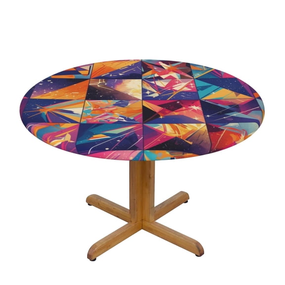 Colorful Geometry Round Fitted Tablecloths Table Covers Wipeable Waterproof Elastic for Kitchen Dinning Parties Wedding Picnic Small Fits 40-44 Inch Table Size