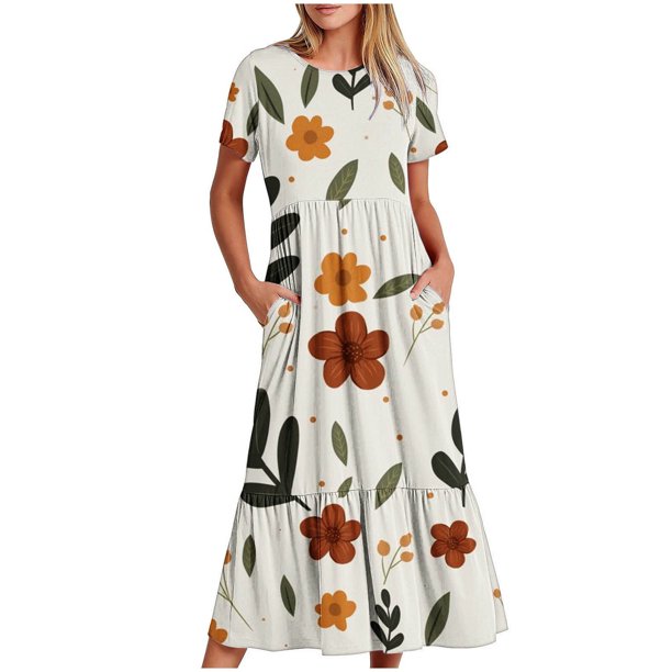 Puntoco Vestido Midi De Moda Para Mujer Vestido Con Cuello Redondo Y Manga Corta Con Doble Bolsillo Y Estampado Floral Beige L,Regalos Para Mujer Joven