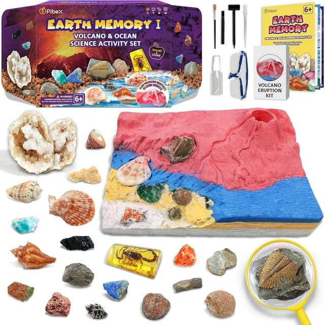 shiyou-Volcano & Ocean Fossil Dig Kit, Dig up 20+ Real Fossils, Rocks, Shells & Sea Snails with Eruption Experiments, Earth Science Geology Kit for Kids, STEM Toy Gift for Boys & Girls Age 6-8-12