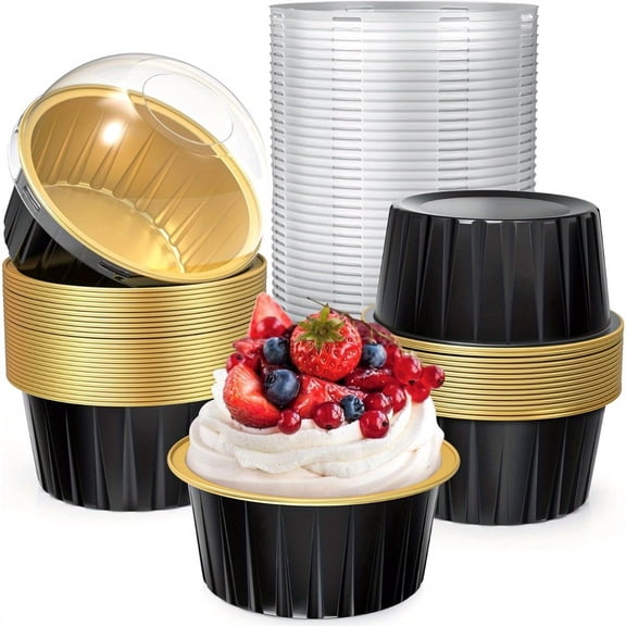 30 Pack 5 OZ Mini Cake Pans with Lids, Disposable Aluminum Foil Ramekins Muffin Tin, Round Brownie Pudding Cupcake Baking Cups, Mini Cake Containers Flan Molds for Wedding Birthday Party