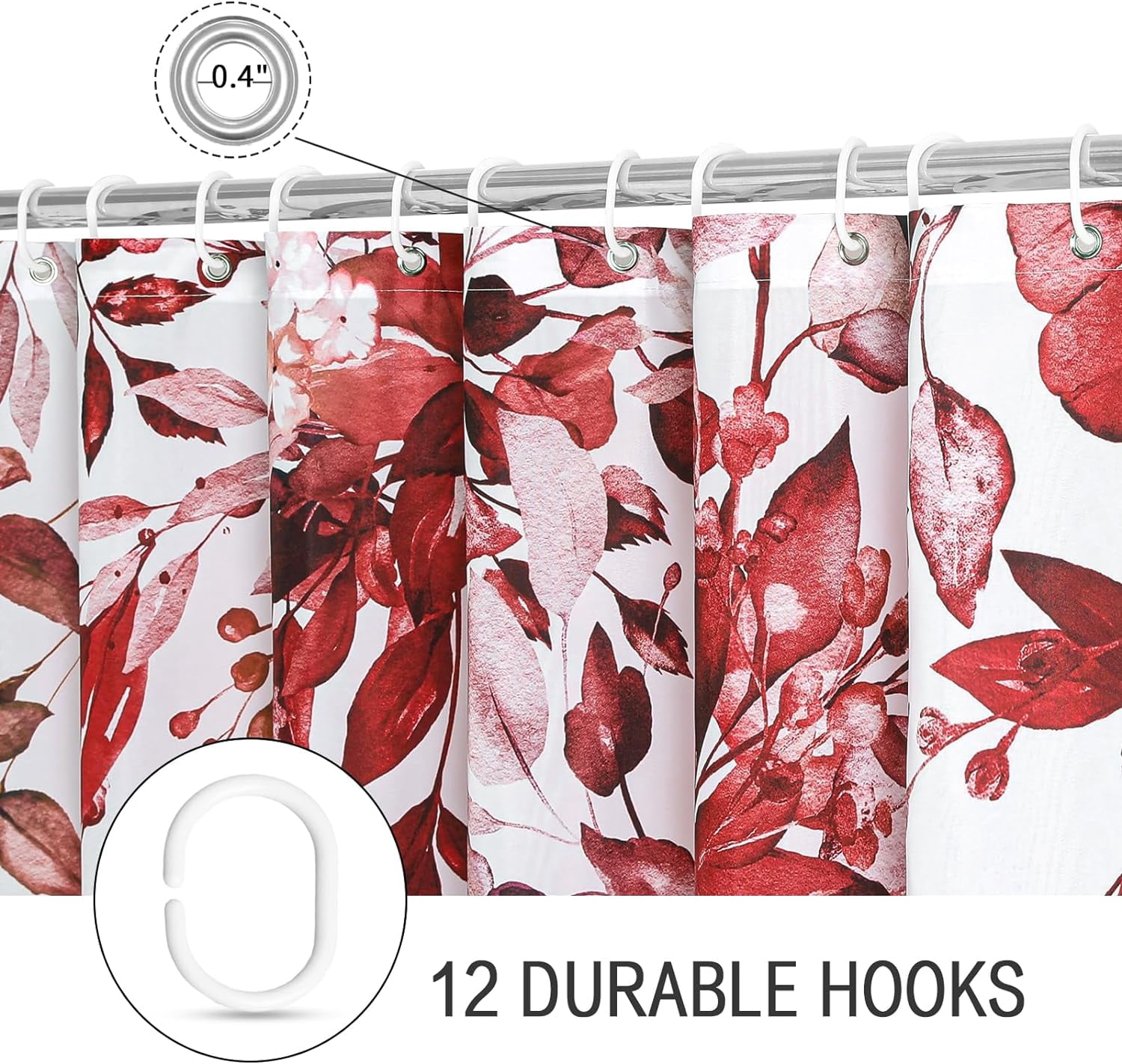 Small Stall Shower Curtain 36 x 72, Narrow Half Burgundy Red Floral Shower Curtain for Bathroom, Watercolor Plant Eucalyptus Leaves Fabric Shower Curtain Set with Hooks